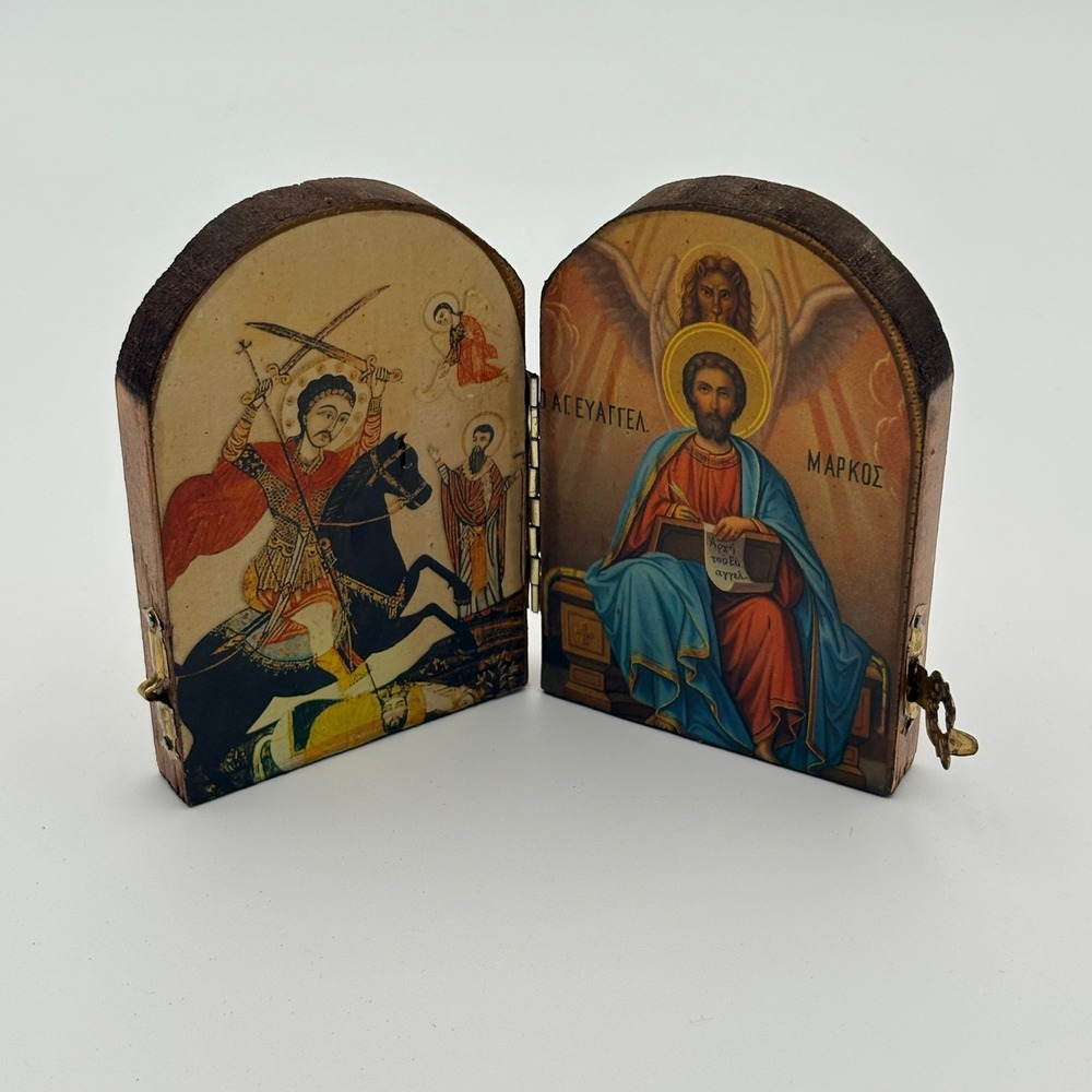 Vintage Wooden Diptych Icon Saint George and Saint Mark Byzantine Style Folding